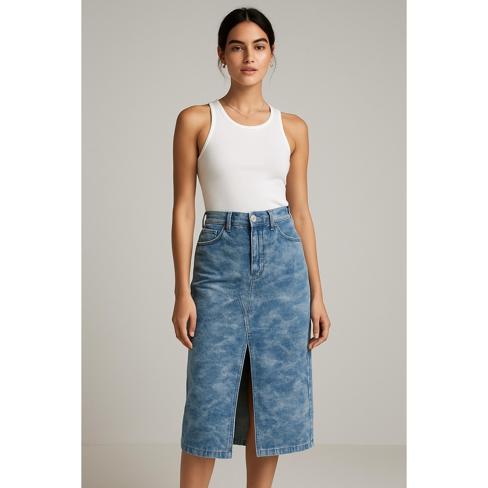 Rag‎ & Bone Acid Wash Denim Midi Skirt 24 Blue Front Slit Pencil Quiet Luxury